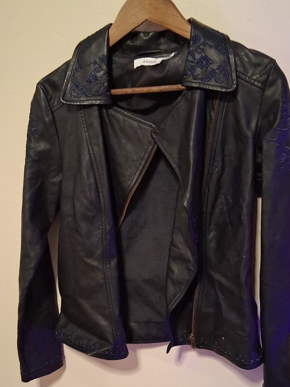 JustFab Black Faux Leather Embroidered Moto Jacket
